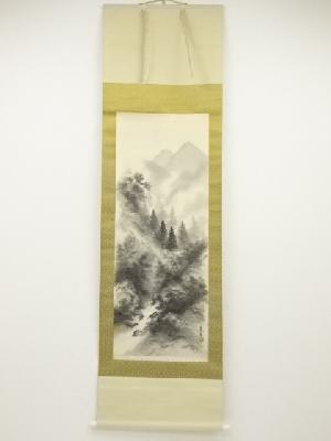 晃麗筆　水墨山水　肉筆絹本掛軸（保護箱）